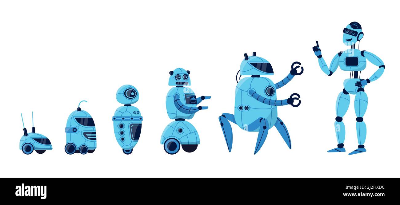 Set di illustrazioni vettoriali di Robot Evolution. Diversi modelli di personaggi robot da semplice bot a umanoide android. Intelligenza artificiale, te Illustrazione Vettoriale