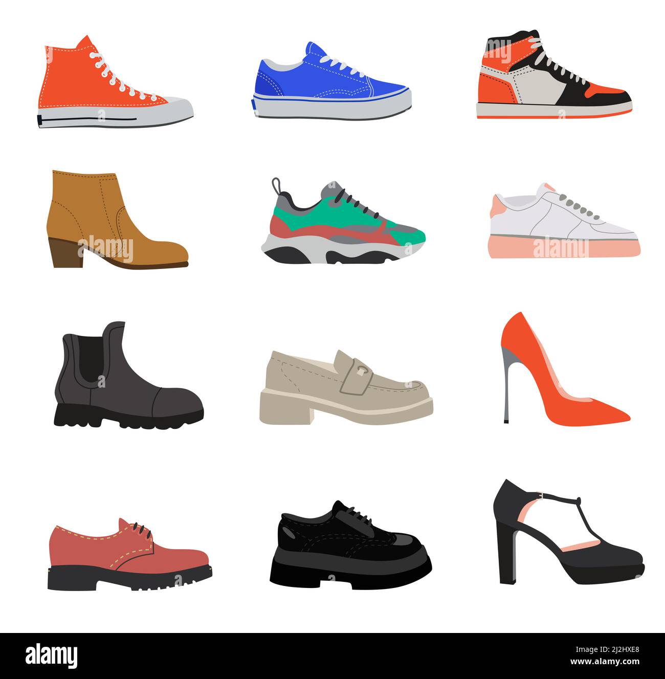 Set di illustrazioni vettoriali piatte per calzature femmina casuali. Abbigliamento estivo, autunnale e invernale per donna, mocassini, stivali, scarpe da ginnastica, tacchi isolati su bianco Illustrazione Vettoriale