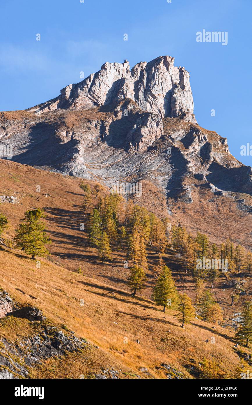 Le montagne delle Alpi Lepontine e i boschi durante una bella giornata autunnale, nei pressi del paese di San Domenico di Varzo, Piemonte, Italia. Foto Stock