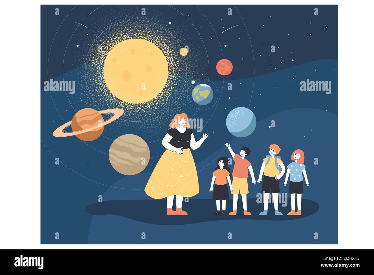 Insegnante di scuola e ragazzi che studiano astronomia nel planetario. Donna e bambini in piedi vicino mappa ologramma con pianeti di sistema solare flat vettore illu Illustrazione Vettoriale