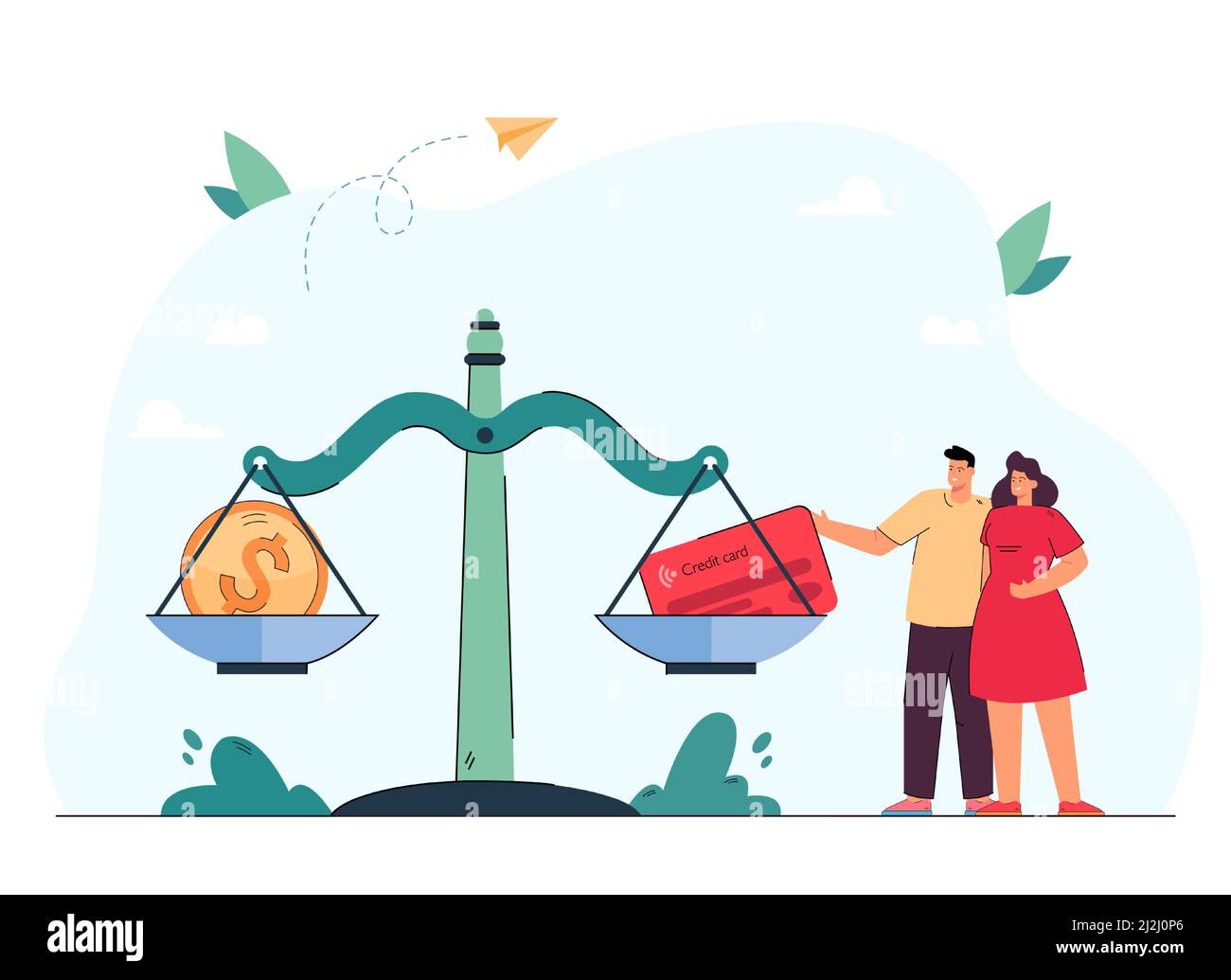 Coppia in piedi accanto a bilance enormi con moneta e carta di credito. Marito e moglie scelgono tra contanti e conto bancario flat vettore illustrazione. Finan Illustrazione Vettoriale