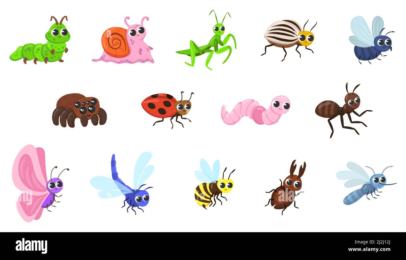 Carino bug cartoon caratteri vettore illustrazioni set. Animali da giardino o da foresta divertenti, formiche, lumache, ragno, ladybug, dragonfly, ape, farfalla, verme iso Illustrazione Vettoriale
