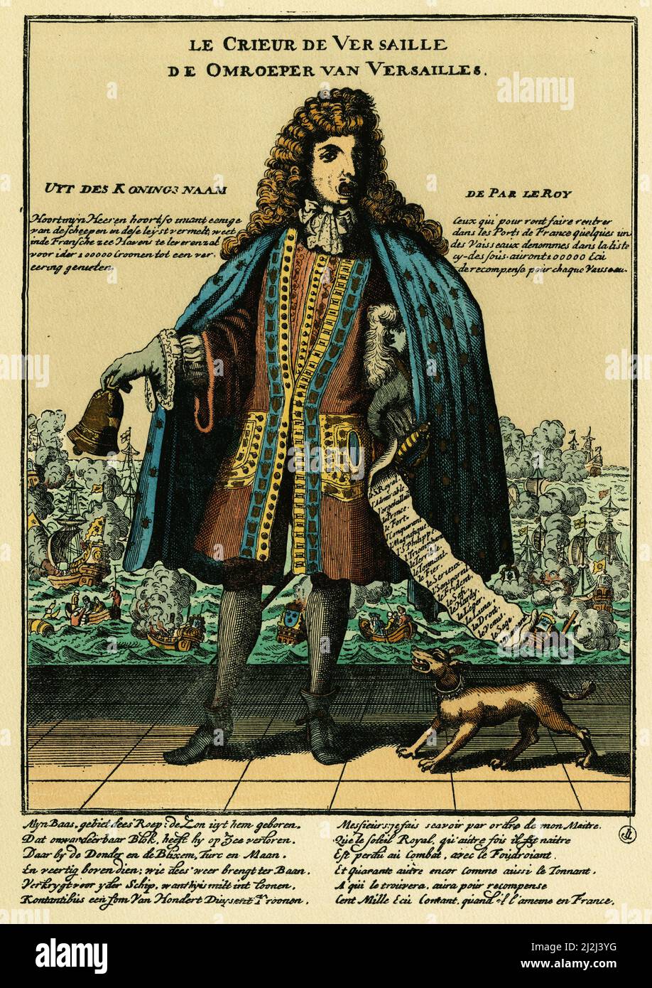 Le crieur de Versailles, estampe satirique hollandaise contre Louis XIV ( 1638-1715), le crieur a trait a la bataille de la Hougue ou la flotte francaise fut battue et en partie detruite, le 29 mai 1692 . Foto Stock