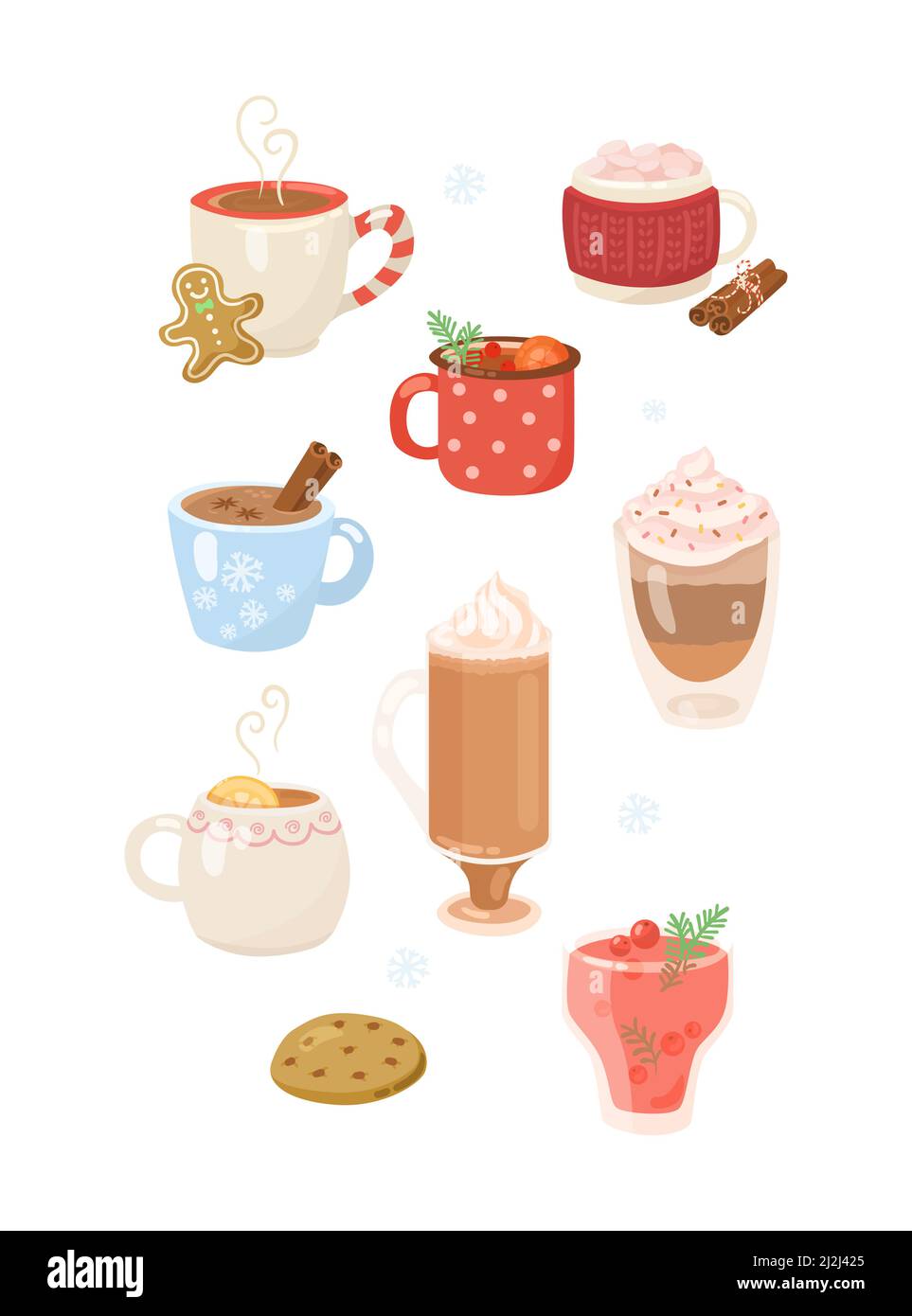 Bevande calde con panna montata in set di illustrazioni cartoni animati tazze. Bevande invernali colorate, caffè con cannella, tè, cacao con marshmallow, cioccolata calda Illustrazione Vettoriale