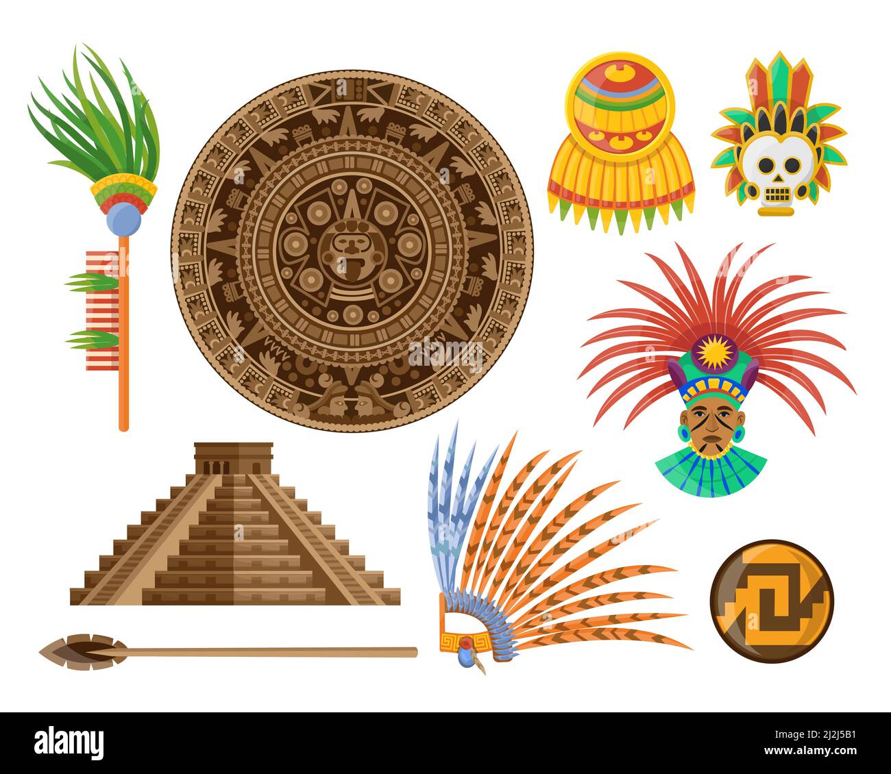 Set di illustrazioni vettoriali Maya Elements. Icone di antica piramide, calendario azteco, maschere di piume d'aquila e pietra. Cultura etnica, arte messicana, in Illustrazione Vettoriale