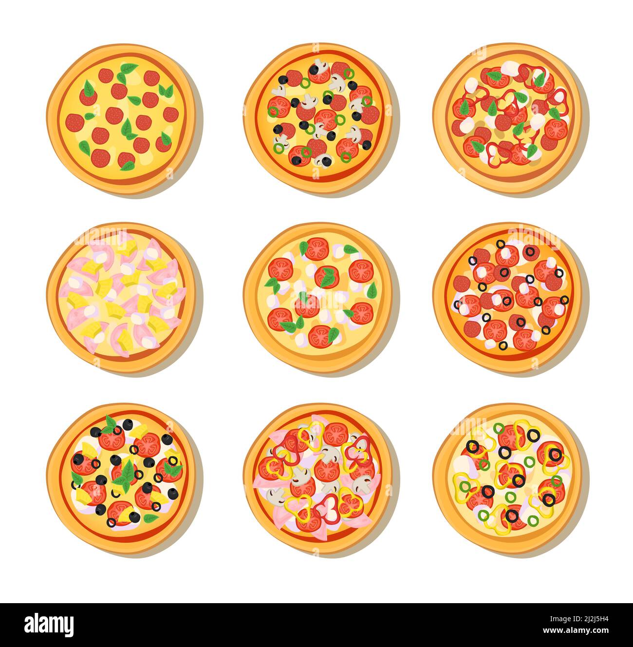 Pizza da diversi ristoranti menu isolato sullo sfondo. Raccolta di pizza con vari ingredienti per carta da piatto pizzeria. Destinazione pagina Web, t Illustrazione Vettoriale