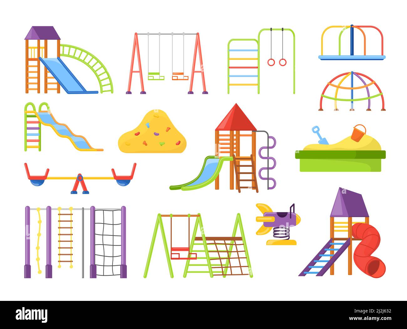 Parco giochi per bambini con giochi divertenti nel parco divertimenti. Illustrazioni vettoriali di giocattoli per asilo. Scala a panca girevole con guida in seesaw cartoon Illustrazione Vettoriale