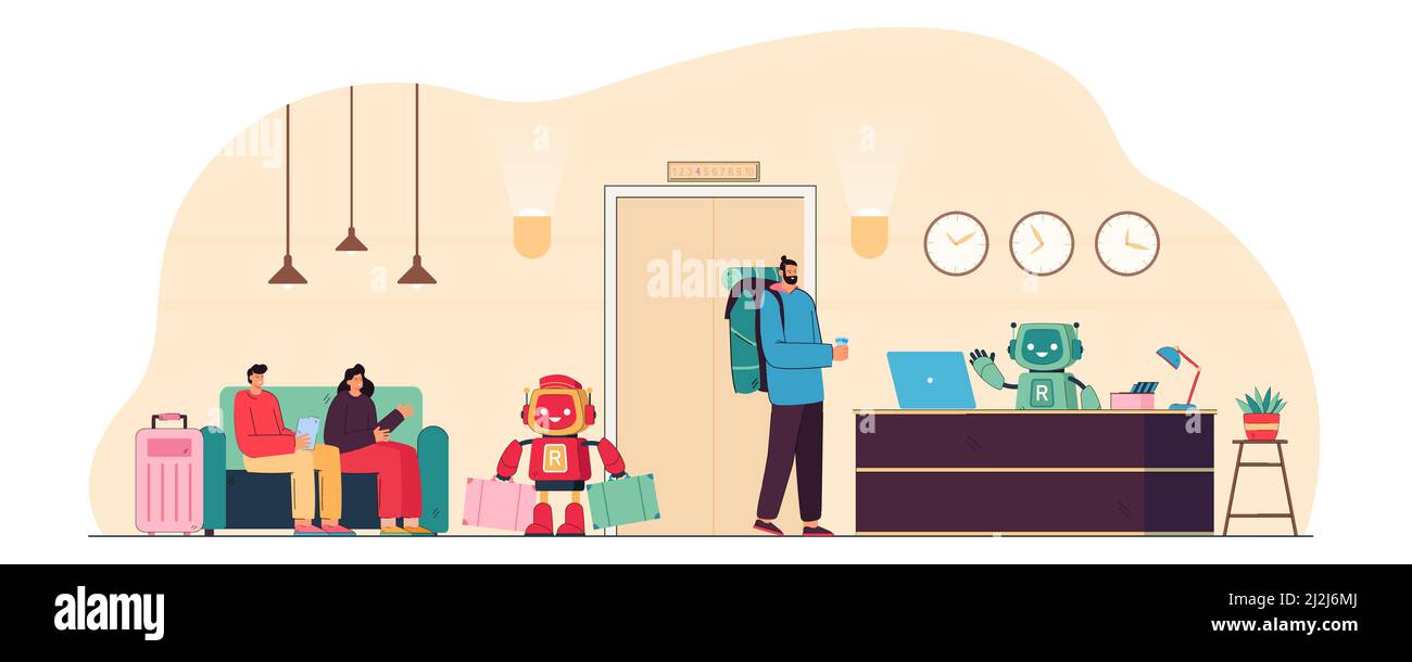 Robot che lavorano nel servizio alberghiero. Cyborg aiutare gli ospiti con i bagagli, bot receptionist seduto alla scrivania flat vettoriale illustrazione. Intelligenza artificiale Illustrazione Vettoriale
