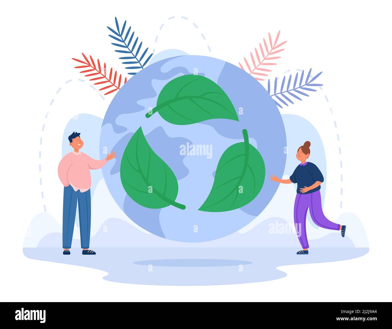 Personaggi cartoni animati accanto al globo con simbolo di riciclo. Energia verde, salvare il pianeta, ridurre l'inquinamento da carbonio illustrazione vettoriale piatta. Zero sprechi, ecologia Illustrazione Vettoriale