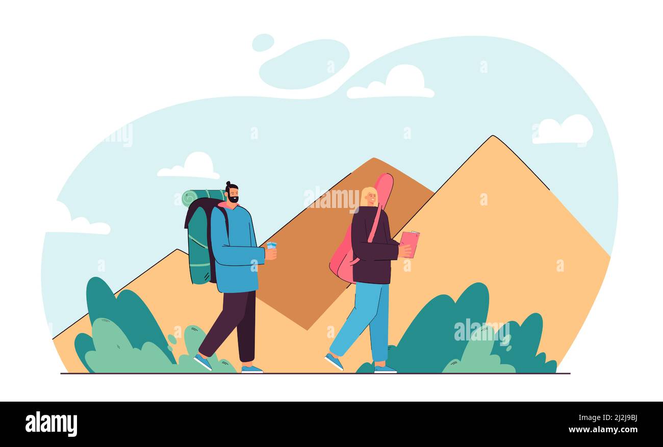 Coppia di cartoni animati insieme sull'avventura. Uomo e donna che camminano di fronte a piramidi o montagne illustrazione vettoriale piatta. Viaggiare, concetto di turismo per Illustrazione Vettoriale