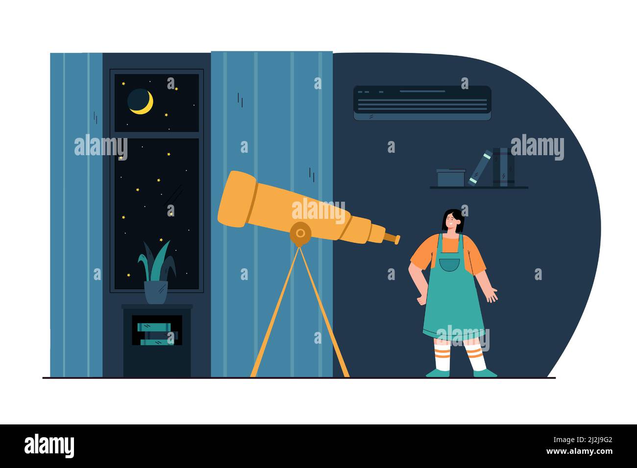 Ragazza cartoon guardando attraverso il telescopio in camera di notte. Carino bambino che guarda la luna e le stelle flat vettore illustrazione. Astronomia, spazio, educazione concep Illustrazione Vettoriale