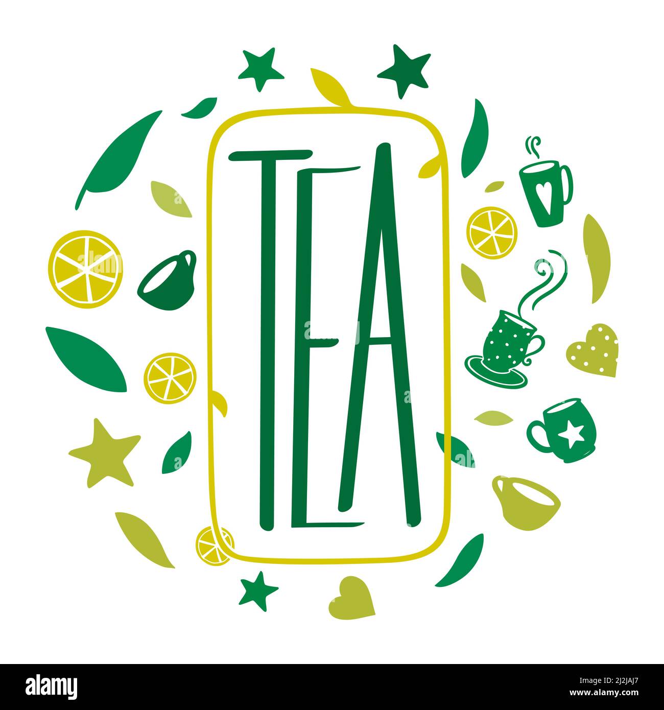 Scritta verde con teiera, foglie e limoni, illustrazione decorativa ovale vettoriale. Illustrazione Vettoriale