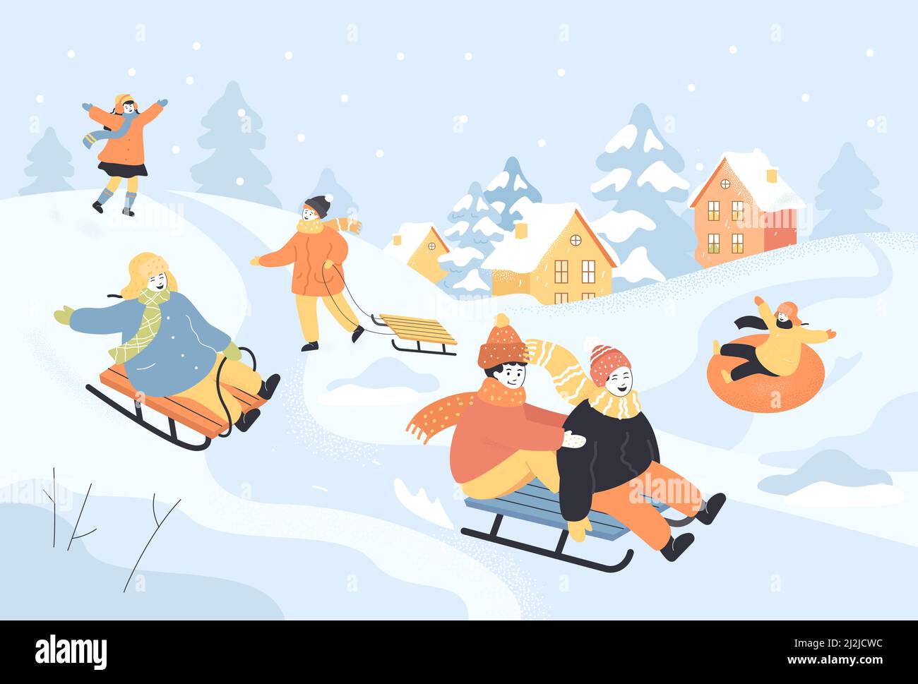 I bambini di buon cartone animato scivolano giù in collina sulle slitte. Neve che cade, bambini che si divertono mentre slittano giù slide flat vettoriale illustrazione. Attività invernali Illustrazione Vettoriale