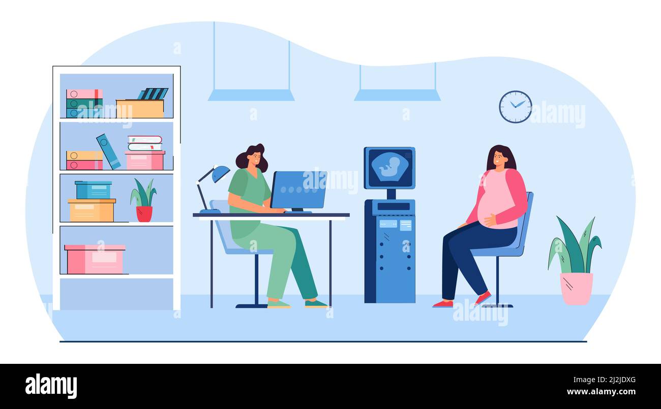 Donna in gravidanza in ospedale flat vettore illustrazione. Allegro personaggio femminile su appuntamento con il ginecologo dopo lo screening ecografico. Assistenza sanitaria Illustrazione Vettoriale