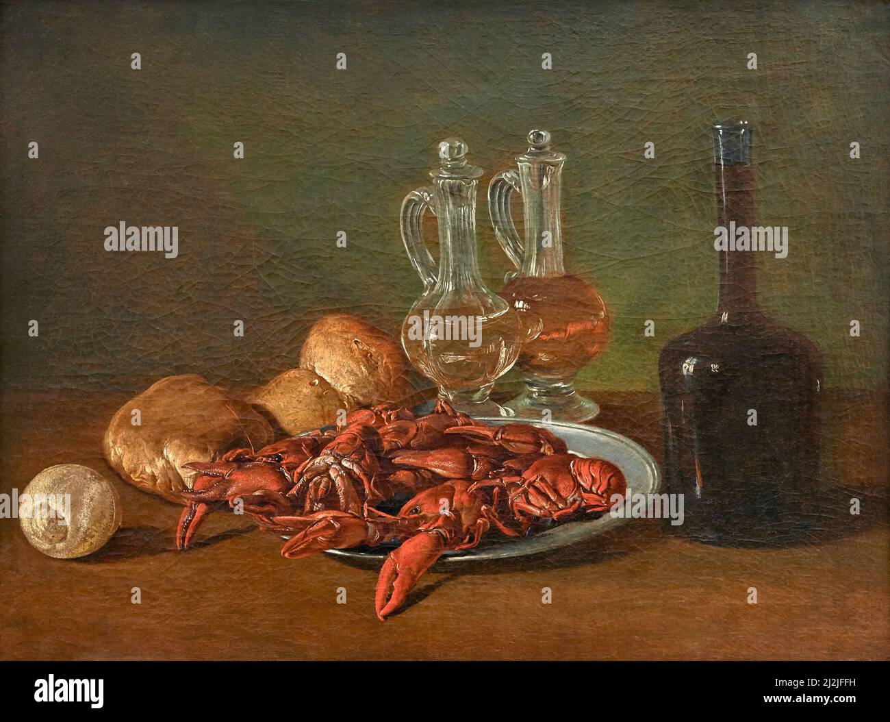 STILL LIFE con piatto di peltro, gamberi, limone, cruetti di vetro e bottiglia di vino - olio su tela - Giacomo Ceruti chiamato Pitocchetto - 1760 - Milano,IT Foto Stock