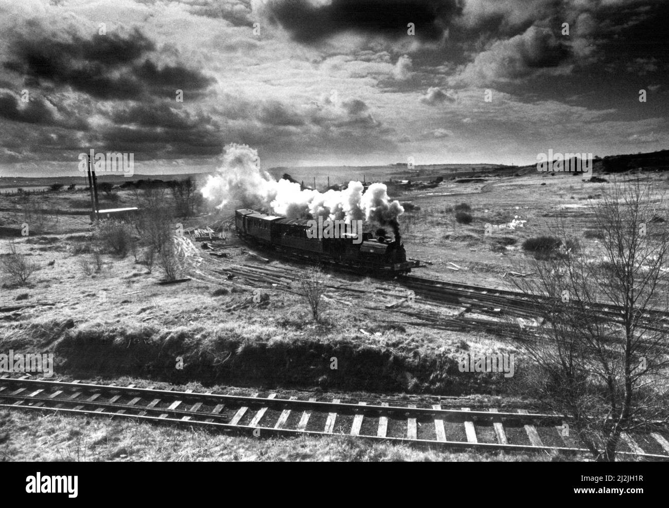 Un treno a vapore che attraversa la campagna sulla ferrovia di Tanfield il 3rd aprile 1988 Foto Stock