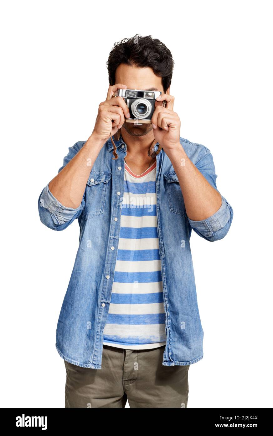 Tutto in un'unica cosa. Un bel giovane che ti fotografa. Foto Stock