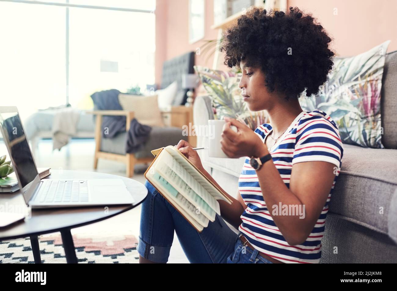 Facendo una certa ricerca per il mio blogpost seguente. Scatto di una giovane donna che prende appunti mentre usa il suo portatile a casa. Foto Stock