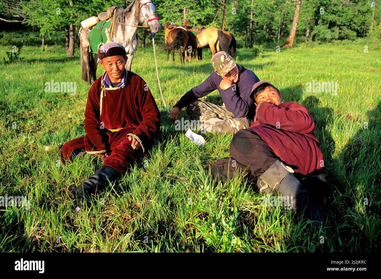 Mongolia. Lago Khovsgol. Un gruppo di pastori che riposano nell'erba Foto Stock