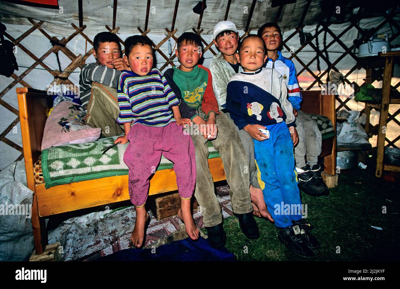 Mongolia. L'interno di una mangiatoia (tenda nomade) Foto Stock