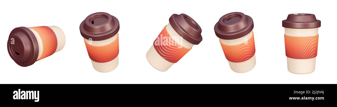 Icona realistica della tazza da caffè di carta da 3D posti in primo piano su sfondo bianco. 3d rappresentazione dei segni di menu, simbolo. Foto Stock