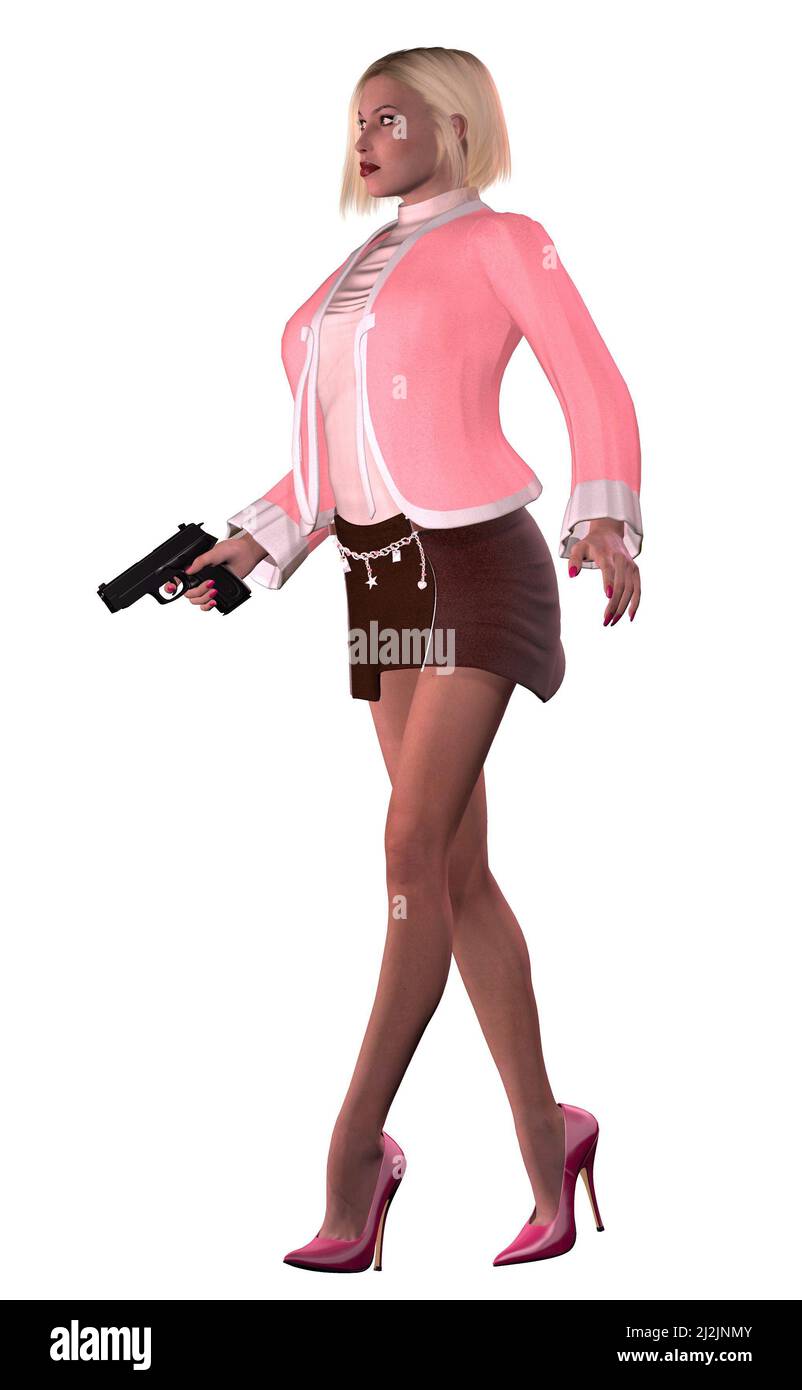 donna bionda, donna elegante con pistola, illustrazione 3d Foto Stock