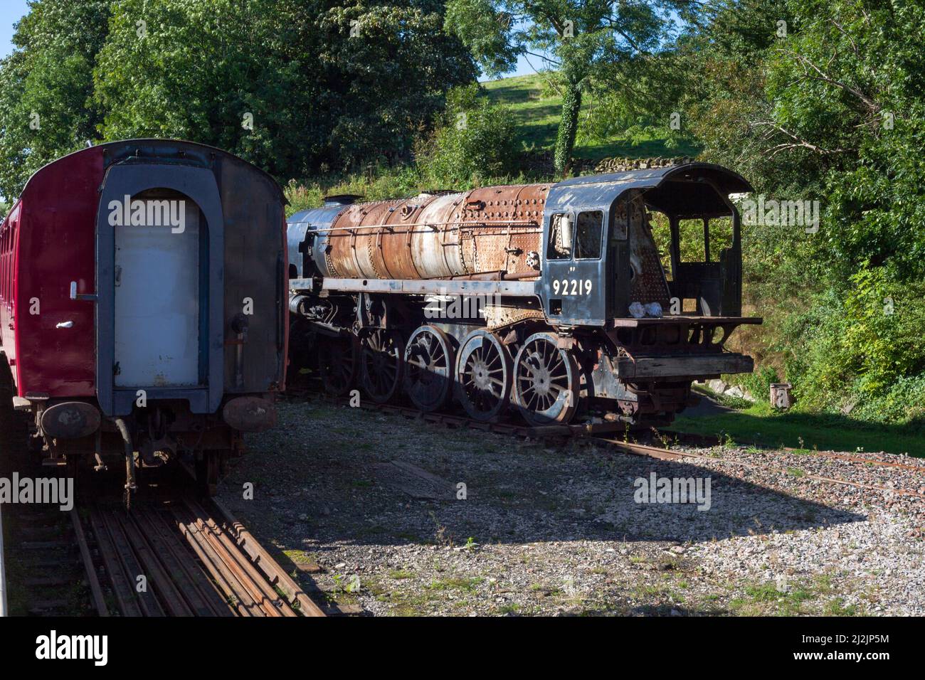 9F locomotiva a vapore 92219 presso la ferrovia conservata di Stainmore, Kirkby Stephen est in condizioni non restaurate Foto Stock