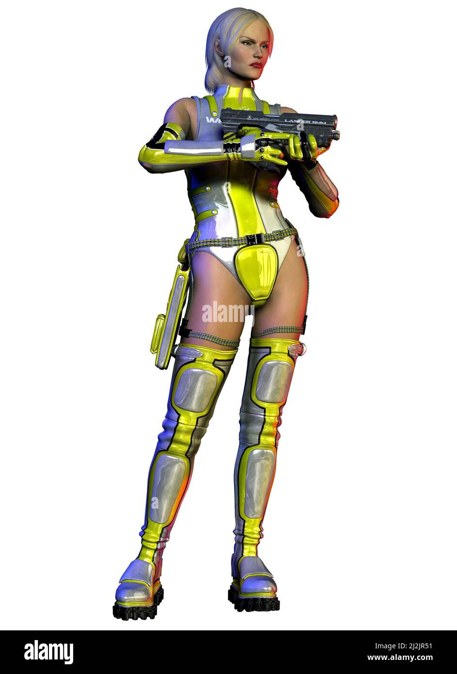 Donna futuristica con pistola, Guerriero in azione, 3D illustrazione Foto Stock