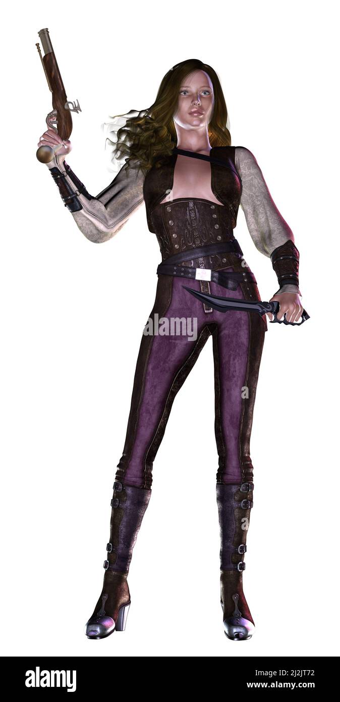 steampunk ragazza armato con pistola vecchio stile, 3d illustrazione Foto Stock