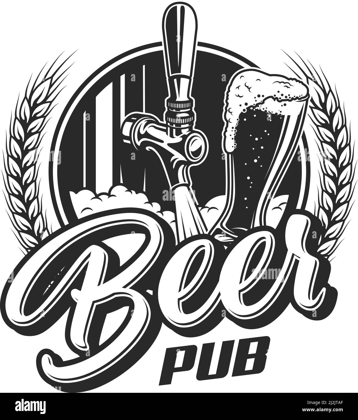 Emblema di un pub di birra d'epoca con coppa di vetro e grano ears isolato vettore illustrazione Illustrazione Vettoriale