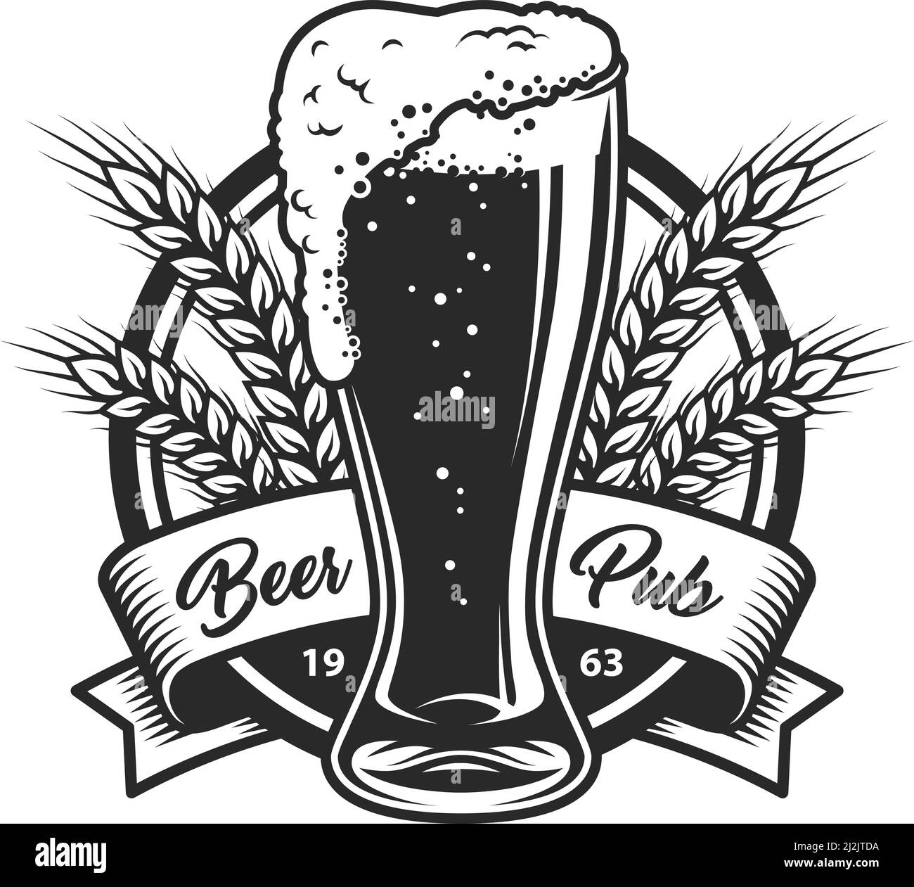 Logo della birreria monocromatica vintage con coppa completa di grano orecchie e iscrizione su nastro isolato illustrazione vettoriale Illustrazione Vettoriale