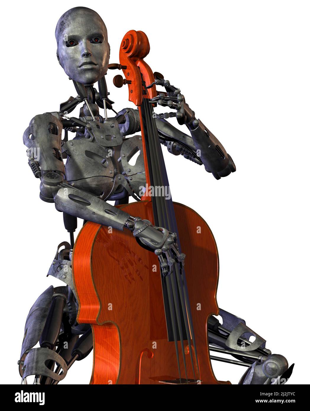 una donna robotica sta suonando violoncello, 3d rendering Foto Stock