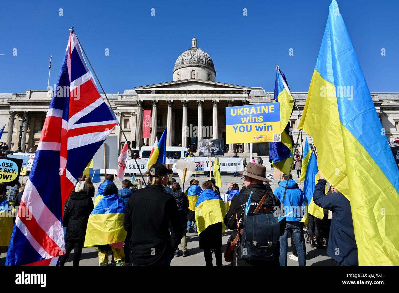 Londra, Regno Unito. Stand con l'Ucraina dimostrazione e rally a Trafalgar Square. L'invasione della Russia entra ora nel suo 38th giorno e non mostra alcun segno di disimpegno nonostante i negoziati di pace in corso. Credit: michael melia/Alamy Live News Foto Stock