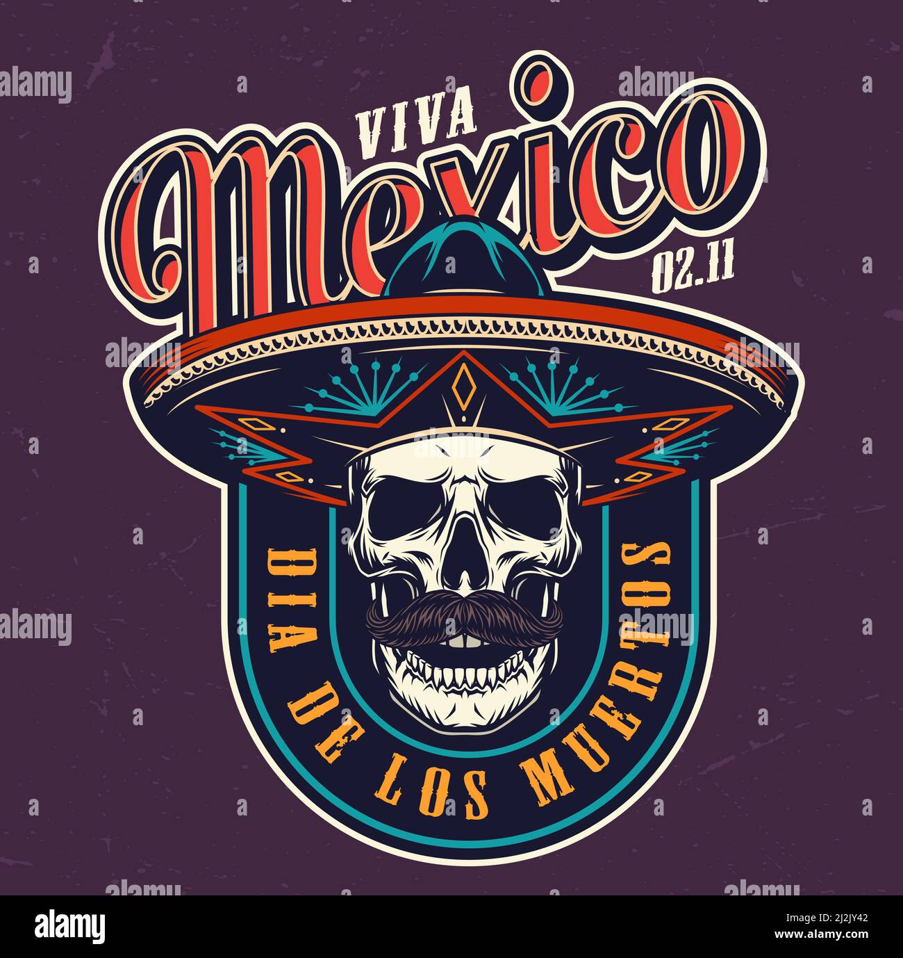 Dia De Los Muertos logo colorato con cranio affusicato cappello sombrero in stile vintage isolato vettore illustrazione Illustrazione Vettoriale