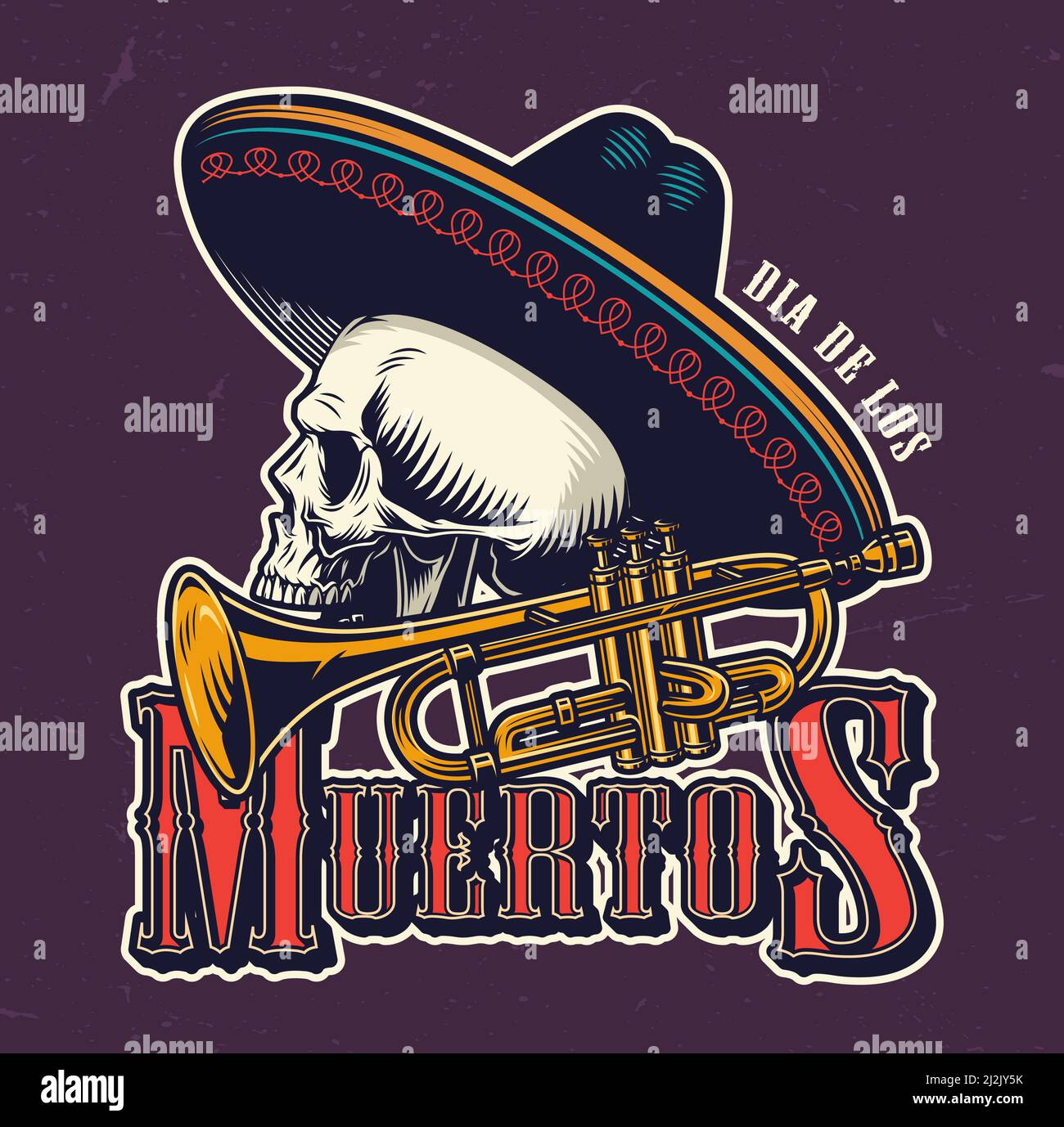 Simbolo d'annata dia De Los Muertos con tromba in ottone e. cranio in sombrero hat isolato vettore illustrazione Illustrazione Vettoriale