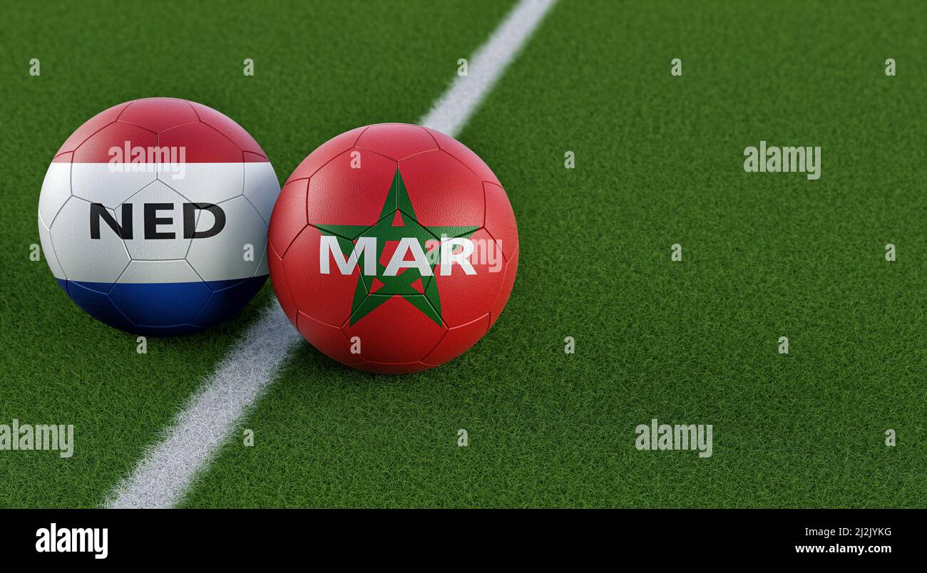 Partita di calcio Olanda vs Marocco - palline da calcio nei colori  nazionali dei Paesi Bassi e del Marocco. 3D rendering Foto stock - Alamy