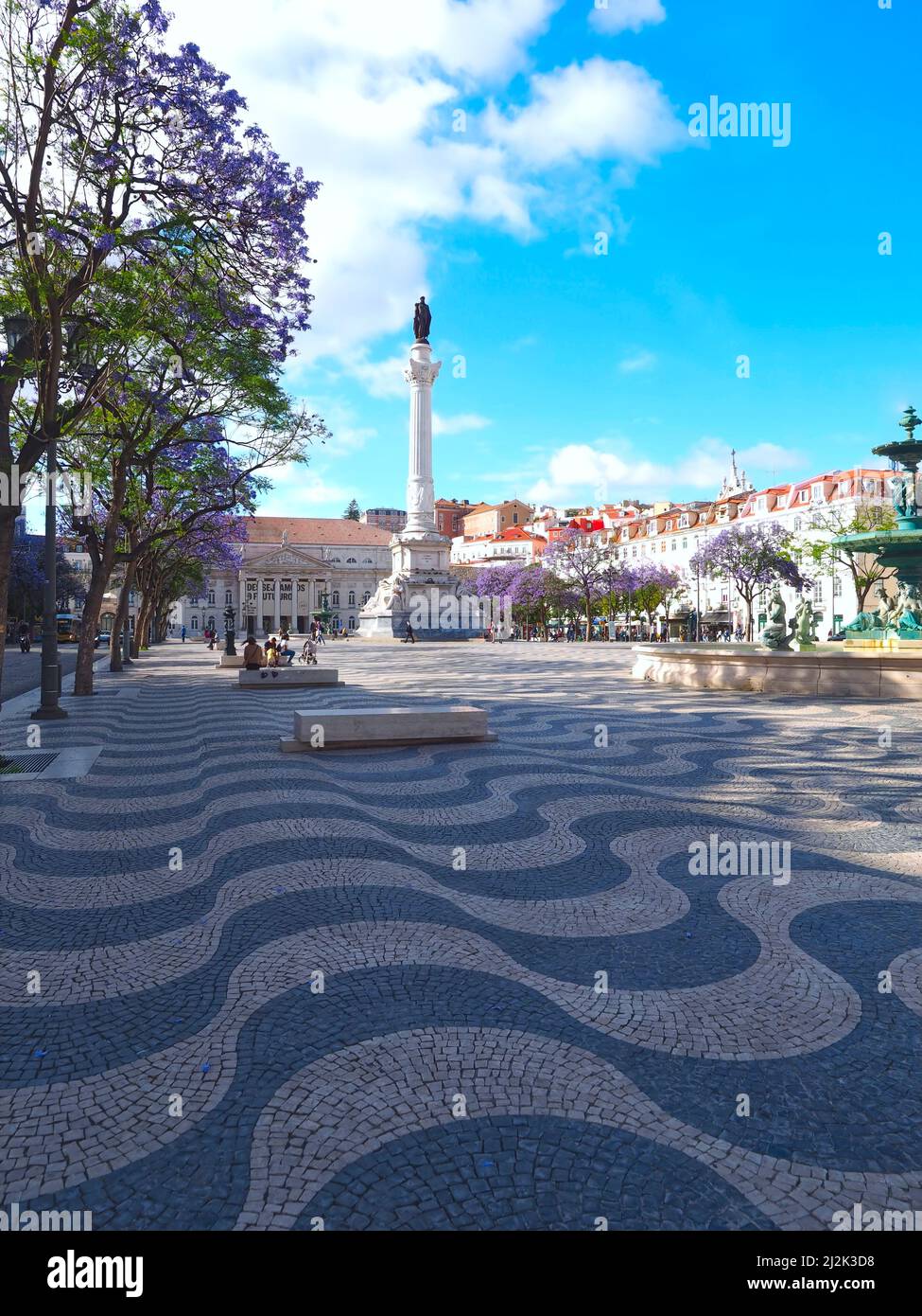 Bella piazza Rossio a Lisbona in estate con alberi di porpora Foto Stock