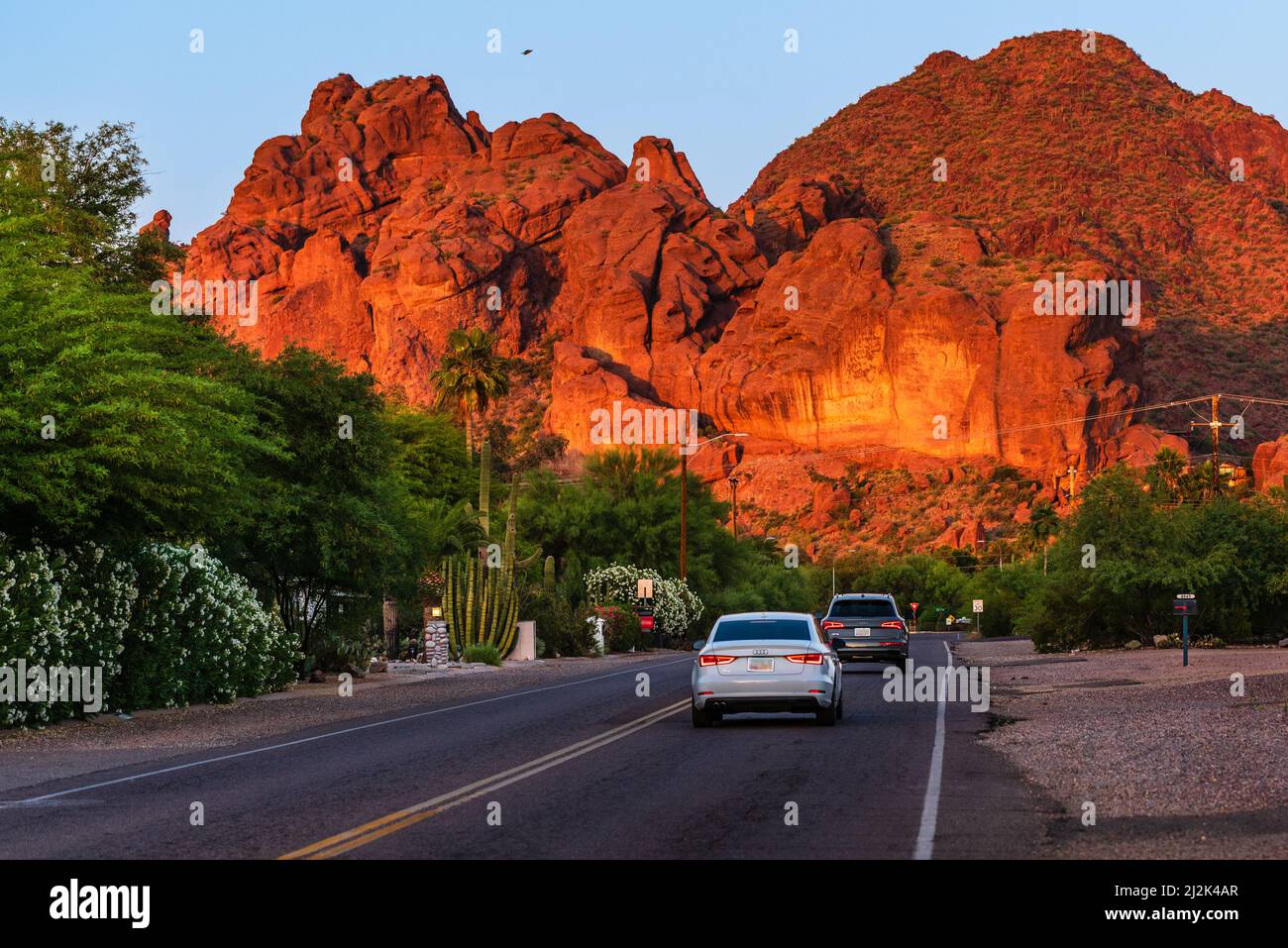 Auto di lusso che guidano verso Camelback Mountain a Camelback Mountain in Paradise Valley, Arizona, Stati Uniti Foto Stock