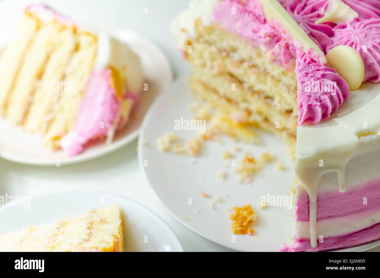 Spugna umida di madeira, ricoperta di confettura di prugne e lamponi, ricoperta di glassature bianche e rosa, decorata con deco di cioccolato bianco Foto Stock