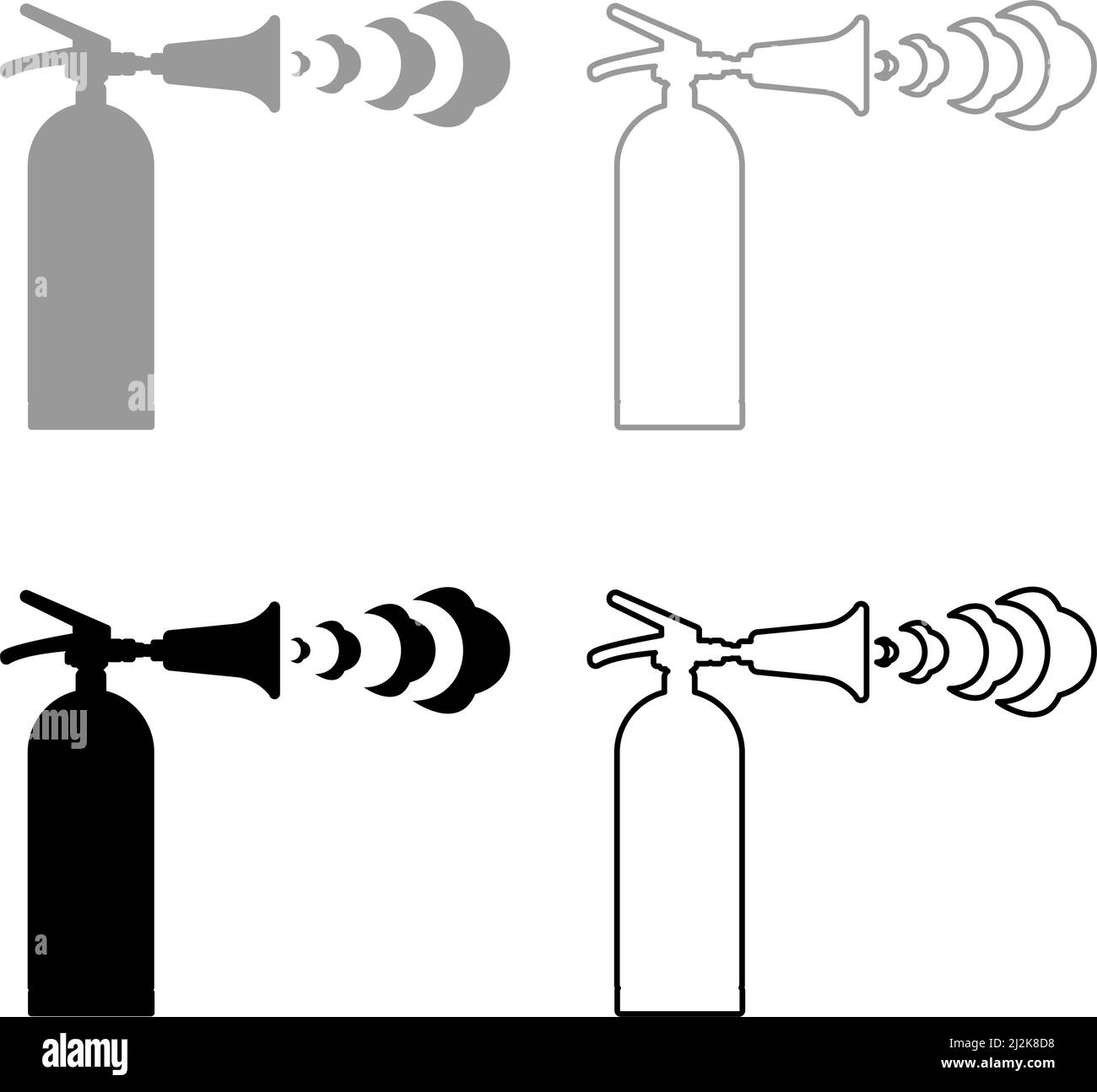 Estintore in azione con bolle di schiuma getto per estinguere mette fuori fuoco combattente set icona grigio nero colore vettore immagine semplice Illustrazione Vettoriale