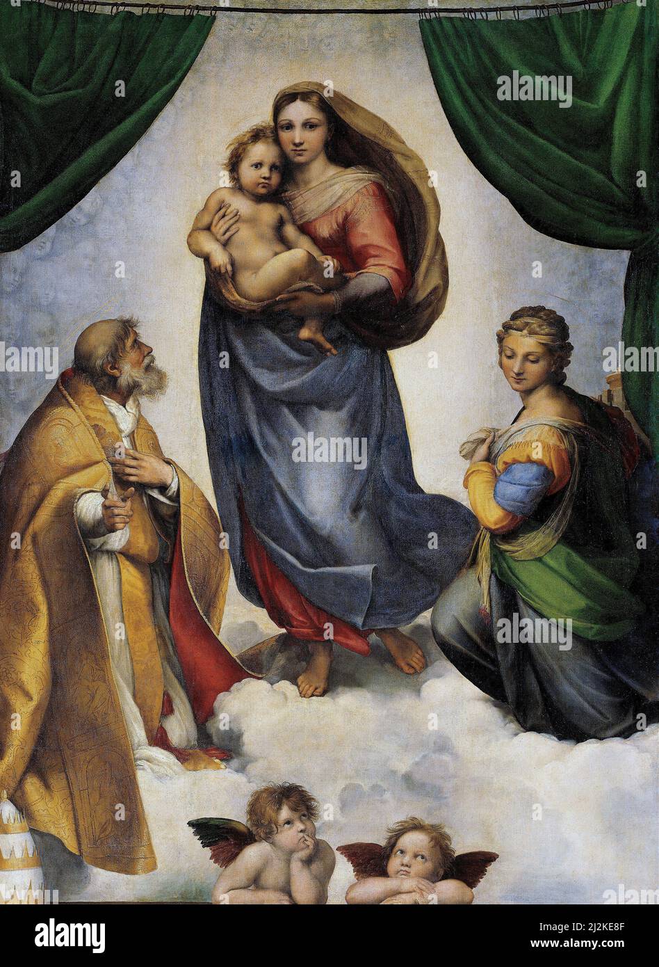 Arte ad alto rinascimento di Raffaello Sanzio da Urbino 1483 - 1520. Madonna Sistina. Dipinto per ordine di Papa Giulio II nel 1512. Foto Stock