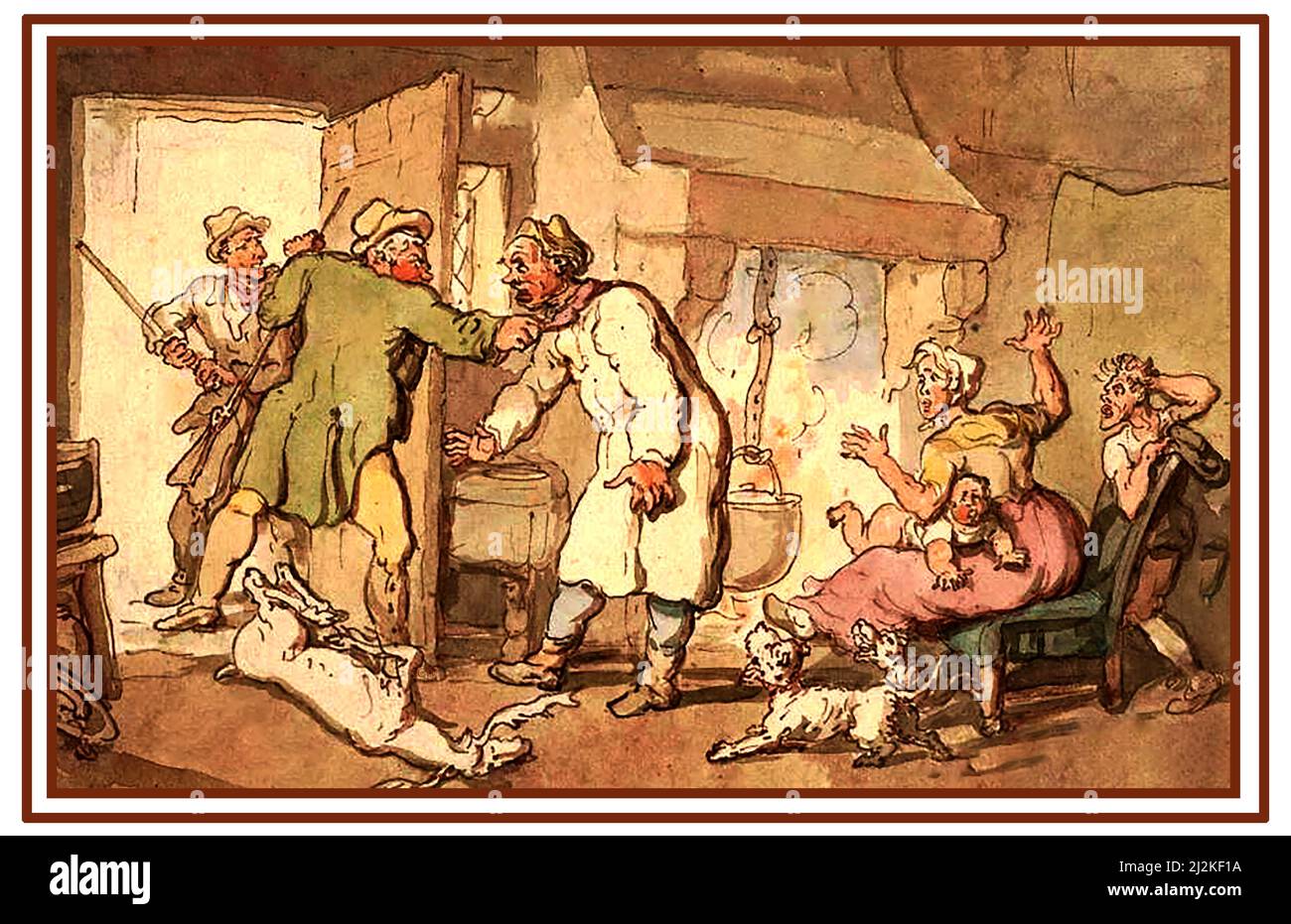 Un poacher inglese del 18th secolo catturato rosso consegnato a casa dai gamekeeper, mentre sua moglie e i bambini guardano sopra Foto Stock