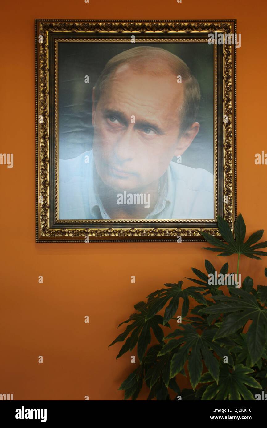 Il ritratto di Putin nel caffè di strada sulla strada per Burgas, Bulgaria Foto Stock