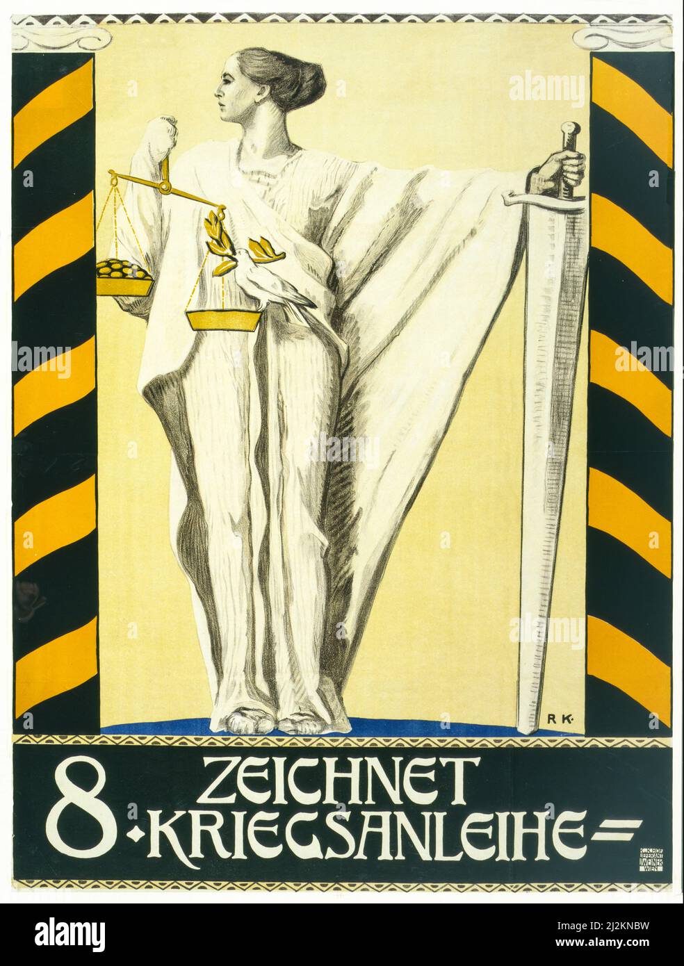 Poster mostra una figura classica di una donna che tiene una spada in una mano e una scala di giustizia nell'altra. Un lato della scala ha una colomba di pace, che è più pesante del lato che contiene le monete. Pubblicità per donare al prestito di guerra 8th. Artista sconosciuto Foto Stock