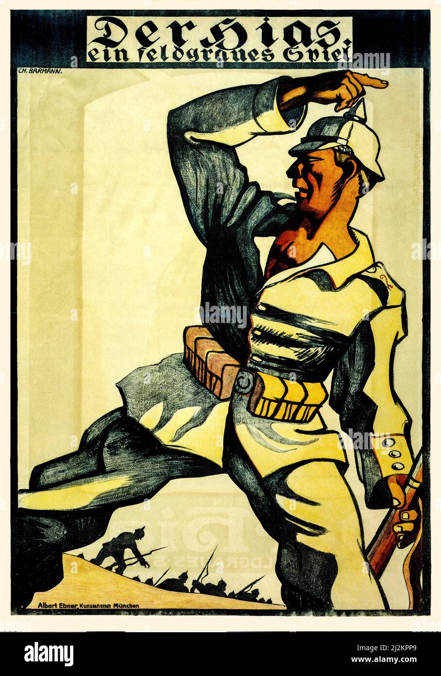 Un poster pubblicitario tedesco dei primi anni del 20th della prima guerra mondiale, 1914-19181914-1918, che mostra un soldato tedesco che punta la strada ad altri che si profilano sullo sfondo come se emergesse da una trincea. Poster è la pubblicità per un popolare gioco di Heinrich Gilardone. L'artista era Christan Bärmann. Foto Stock