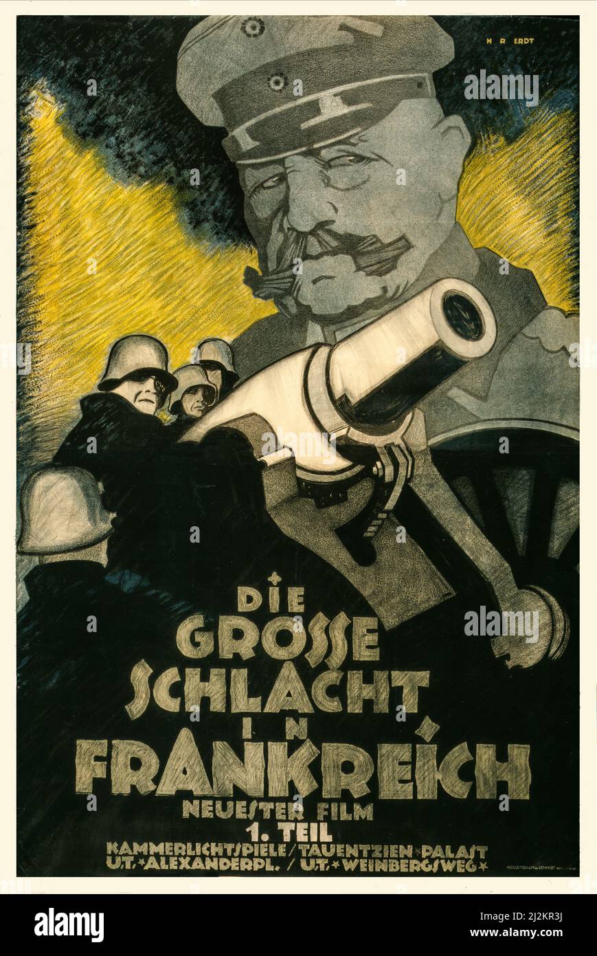 Un poster pubblicitario tedesco dei primi 20th anni della prima guerra mondiale, 1914-1918, che mostra i soldati tedeschi intorno a un cannone. Sullo sfondo si trova un'immagine del generale Paul von Hindenburg. Per pubblicizzare la parte 1 del film "la Grande battaglia in Francia". L'artista fu Hans Rudi Erdt (1883-1918) Foto Stock