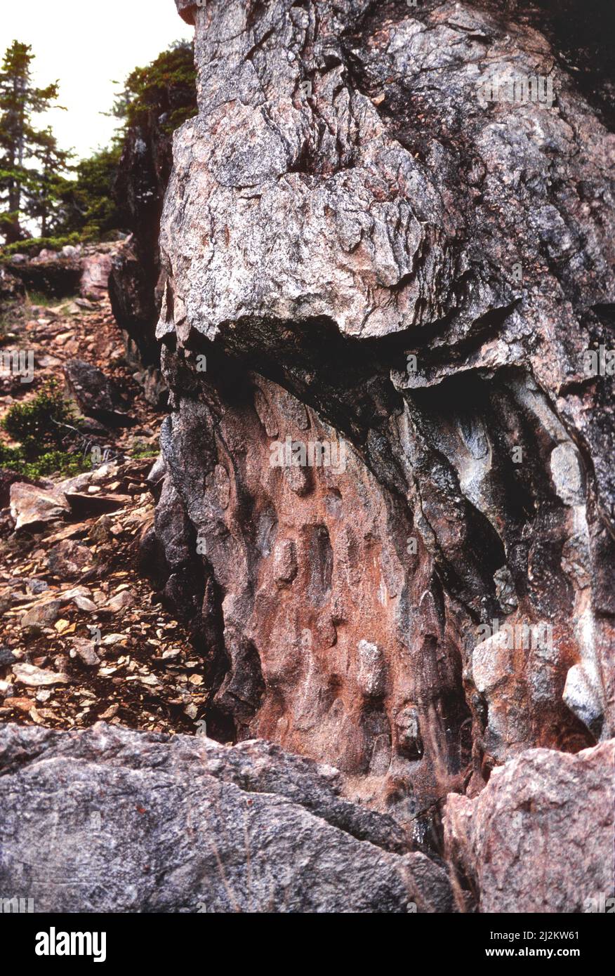 Una cava di pietra di 4 mila anni usata dai popoli del paleo Eskimo, si trova sulla penisola di Baie Vert di Terranova in Canada. Foto Stock