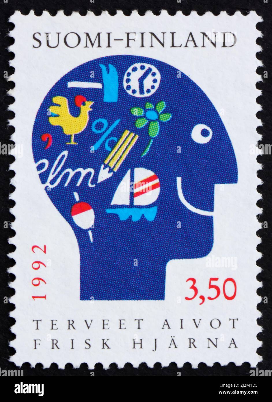 FINLANDIA - CIRCA 1992: Un francobollo stampato in Finlandia mostra la testa dell’uomo, cervello sano, circa 1992 Foto Stock