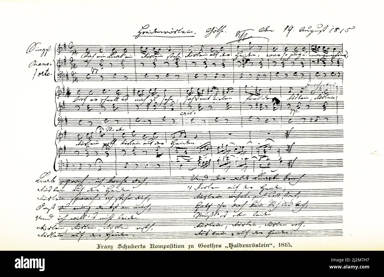 La didascalia tedesca del 1899 recita: “Composizione di Goethes Heidenröslein o Heideröslein di Franz Schubert [«Rose on the Heath» o «Little Rose of the Field»], 1815. Dopo il brano originale scritto a mano nella libreria musicale Peters di Lipsia". Heidenröslein è un poema di Johann Wolfgang von Goethe, pubblicato nel 1789.” Johann Wolfgang von Goethe (1749-1832) è stato un poeta, drammaturgo e romanziere tedesco. È conosciuto soprattutto per il suo lavoro "Faust". Foto Stock
