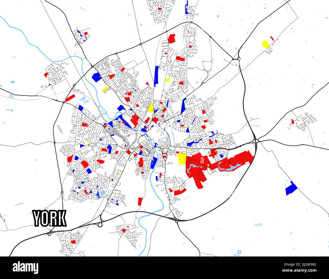 Mappa vettoriale dettagliata di York, Regno Unito stile Mondrian. Illustrazione Vettoriale